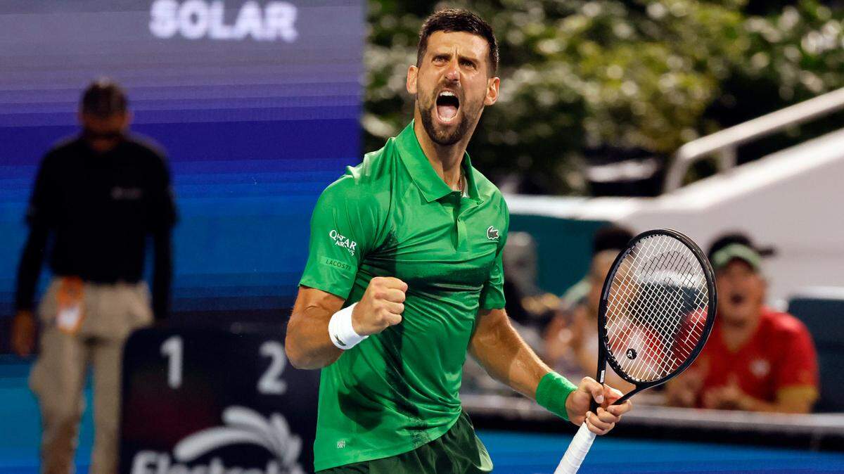 Novak Djokovic reacts after wining a point against Jakub Mensik during the Miami Open tennis men’s final at Hard Rock Stadium in Miami Gardens, Florida, on Sunday, March 30, 2025. 
