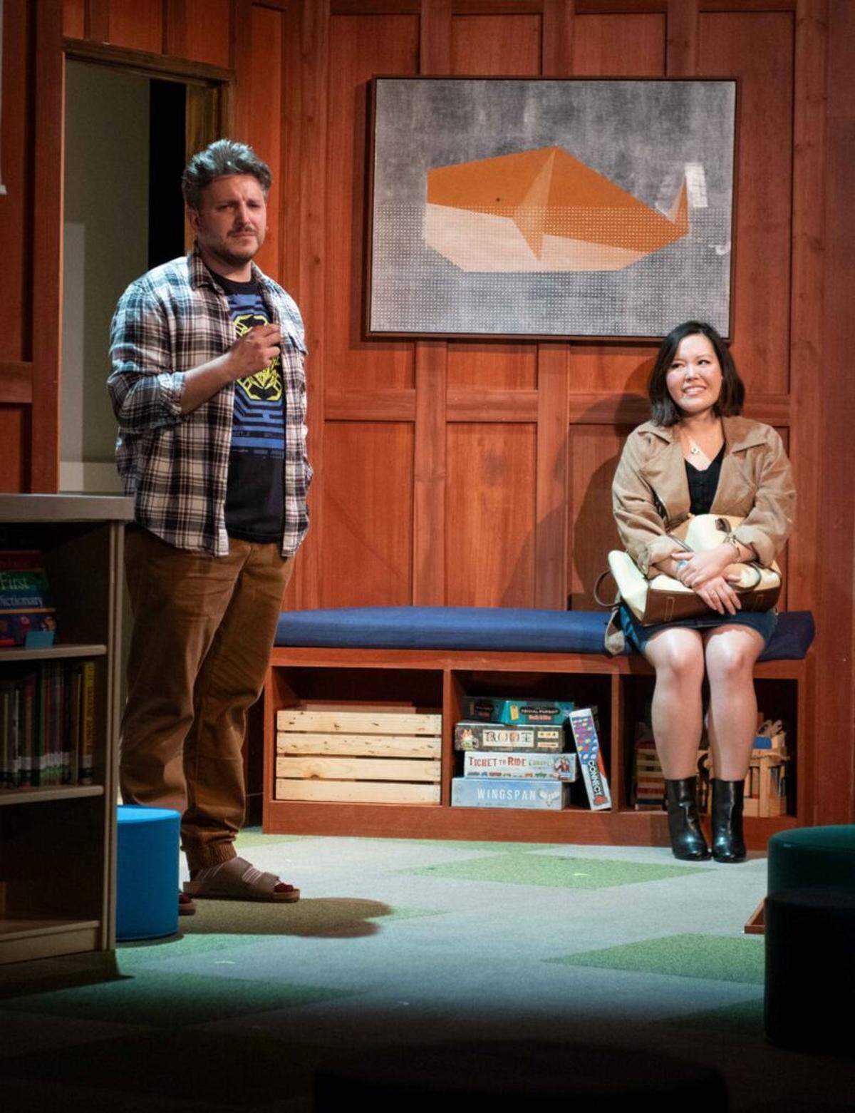 Ryan Didato as stay-at-home dad Eli and Jordyn Moone as Meiko in GableStage’s production of “Eureka Day.”