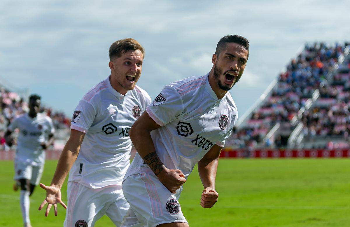 Inter Miami defender Nicolas Figal (5) celebrates after scoring a goal against New York City FC during the second half of their MLS soccer match at DRV PNK Stadium on Saturday, October 30, 2021, in Fort Lauderdale, Florida.