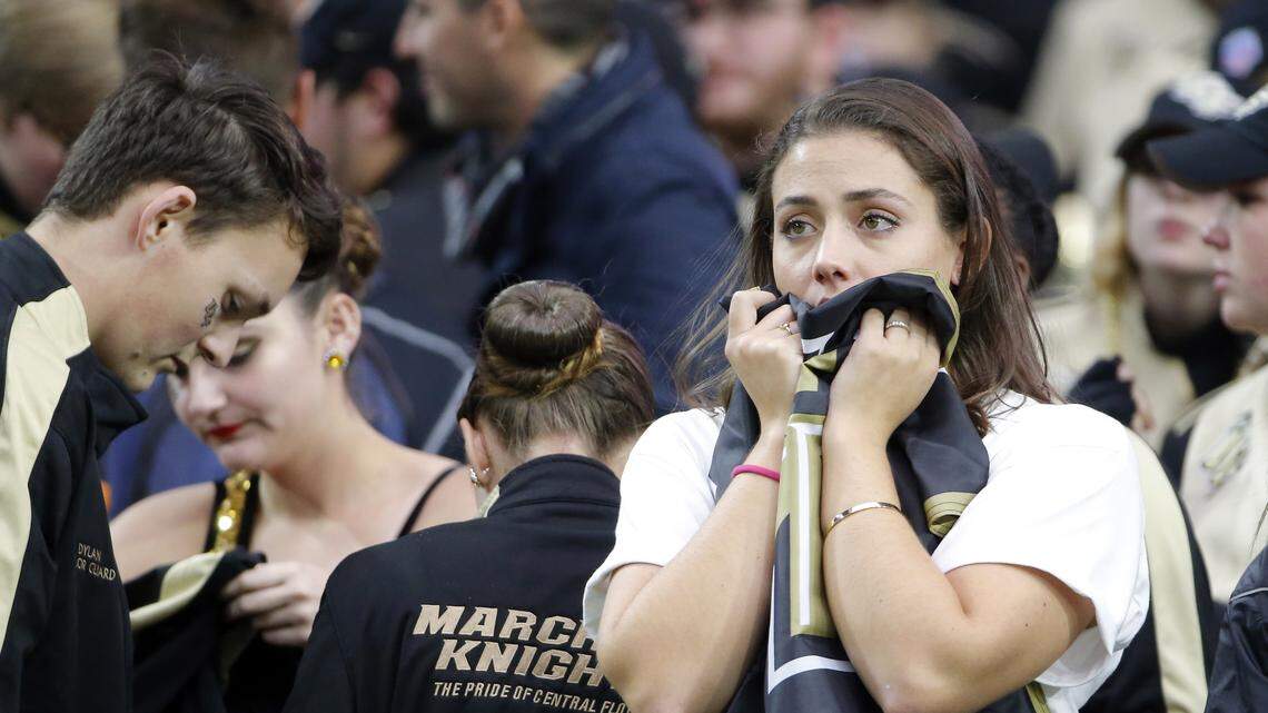 UCF fans react after the Fiesta Bowl NCAA college football game against between LSU and UCF, Tuesday, Jan. 1, 2019, in Glendale, Ariz. LSU defeated UCF 40-32.