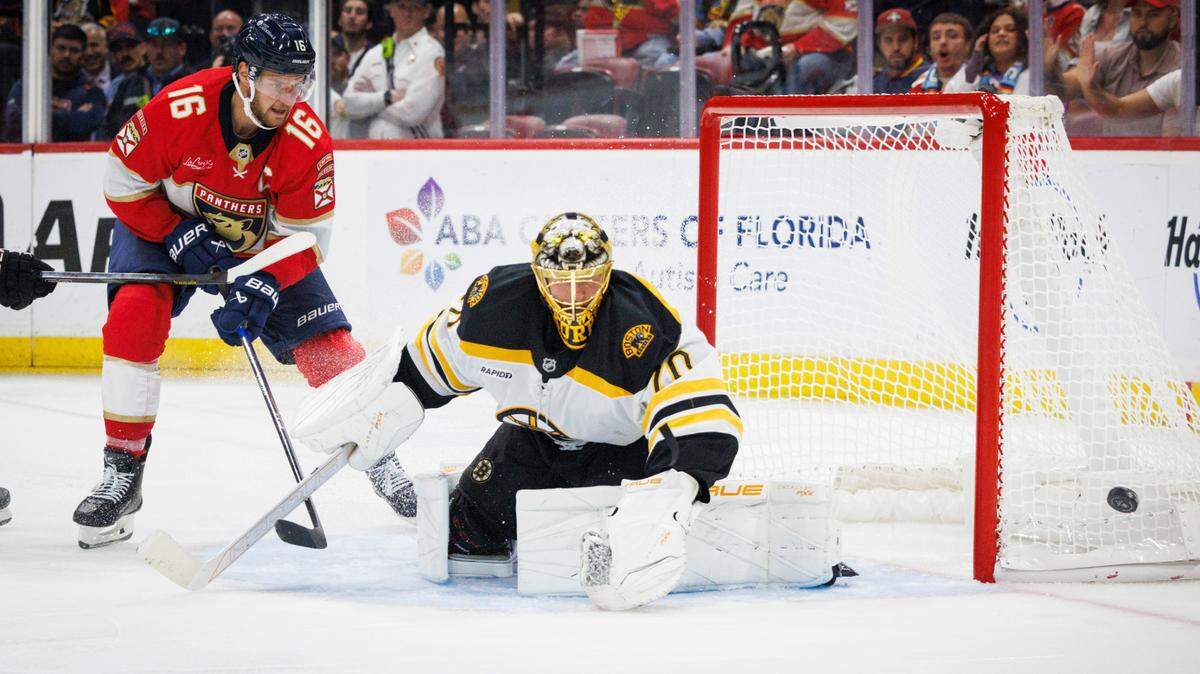 Florida Panthers center Aleksander Barkov (16) misses a shot on goal during the third period of home opener of the Florida Panthers against the Boston Bruins on Tuesday, Oct. 8, 2024, at Amerant Bank Arena in Sunrise, Fla. The Florida Panthers won 6-4.
