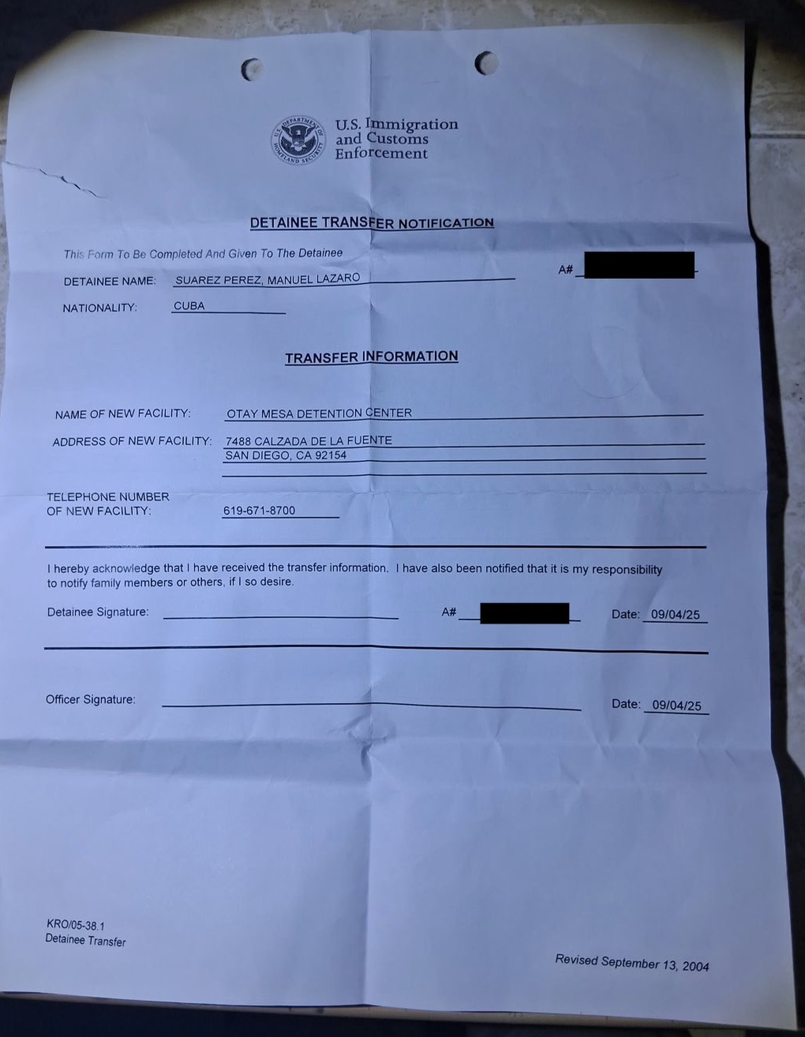 Manuel Lazaro Suarez Perez and others said officials gave them a form to transfer them to San Diego, and then abruptly deported them to Mexico. (Curtesy of Suarez Perez) 