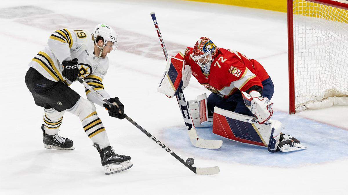 Florida Panthers goaltender Sergei Bobrovsky (72) defends the goal from Boston Bruins center John Beecher (19) in the third period of Game 2 of the second-round series of the Stanley Cup Playoffs at Amerant Bank Arena on Wednesday, May 8, 2024, in Sunrise, Fla.
