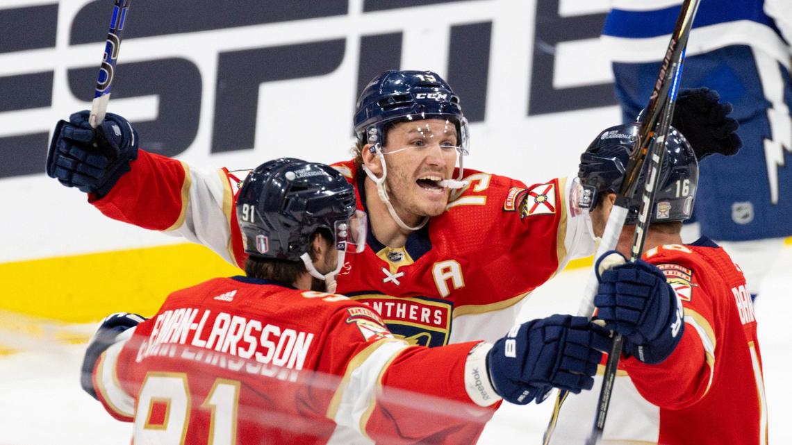 Florida Panthers left wing Matthew Tkachuk (19) celebrates a goal by Florida Panthers center Aleksander Barkov (16) during the third period of Game 5 of Round 1 of the Stanley Cup Playoffs on Monday, April 29, 2024, at Amerant Bank Arena in Sunrise, Fla. The Florida Panthers won 6-1 and won the series.