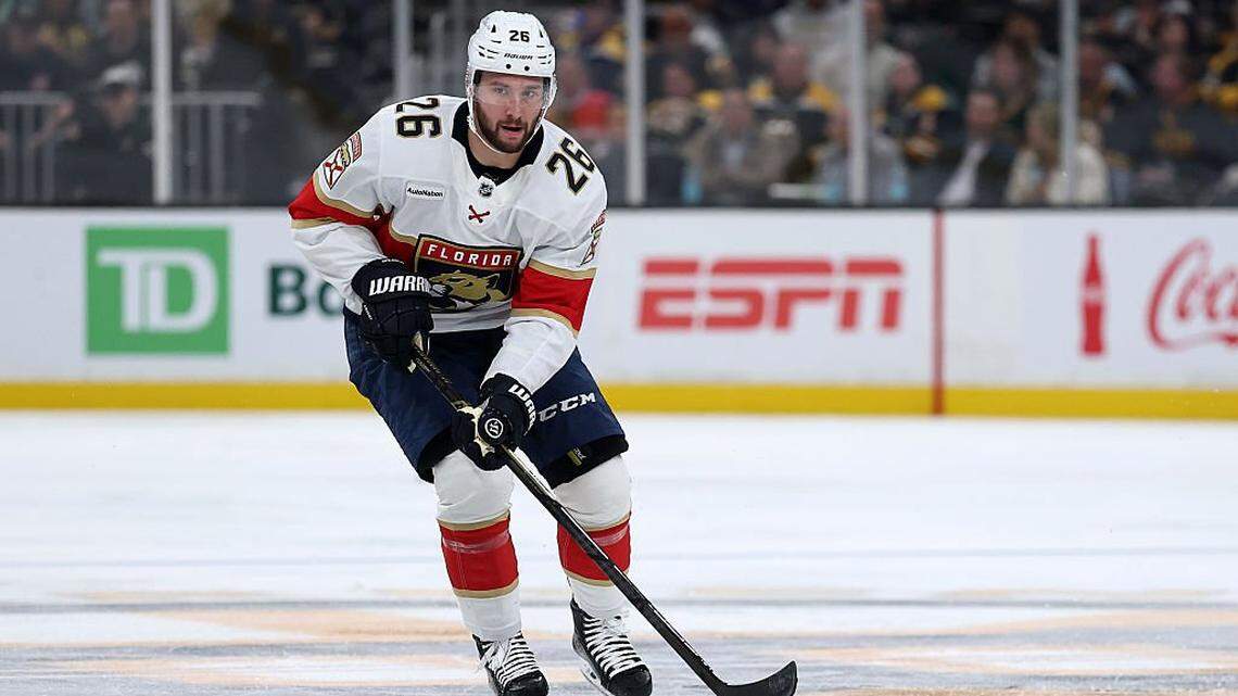 BOSTON, MASSACHUSETTS - OCTOBER 21: Uvis Balinskis #26 of the Florida Panthers skates against the Boston Bruins during the second period at TD Garden on October 21, 2025 in Boston, Massachusetts. (Photo by Maddie Meyer/Getty Images)