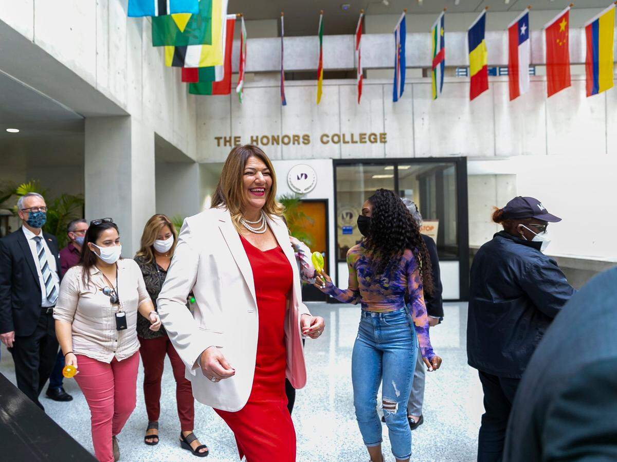 Madeline Pumariega, the president of Miami Dade College, attends the Wolfson Campus Investiture Ceremony in downtown Miami, Florida in this file photo from Nov. 3, 2021. Pumariega, who is the college’s first female president, started her position as president in January 2021.