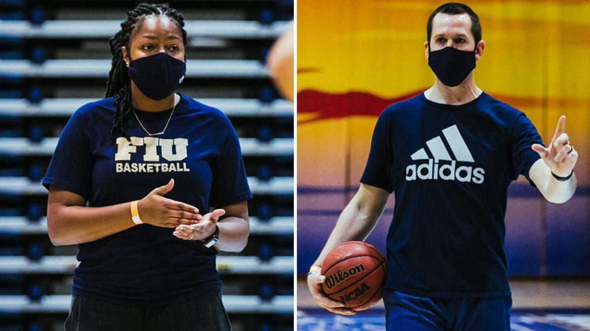 FIU Panthers head women’s basketball coach Jesyka Burks-Wiley, left, and FIU Panthers assistant women’s basketball coach Dan Wendt.