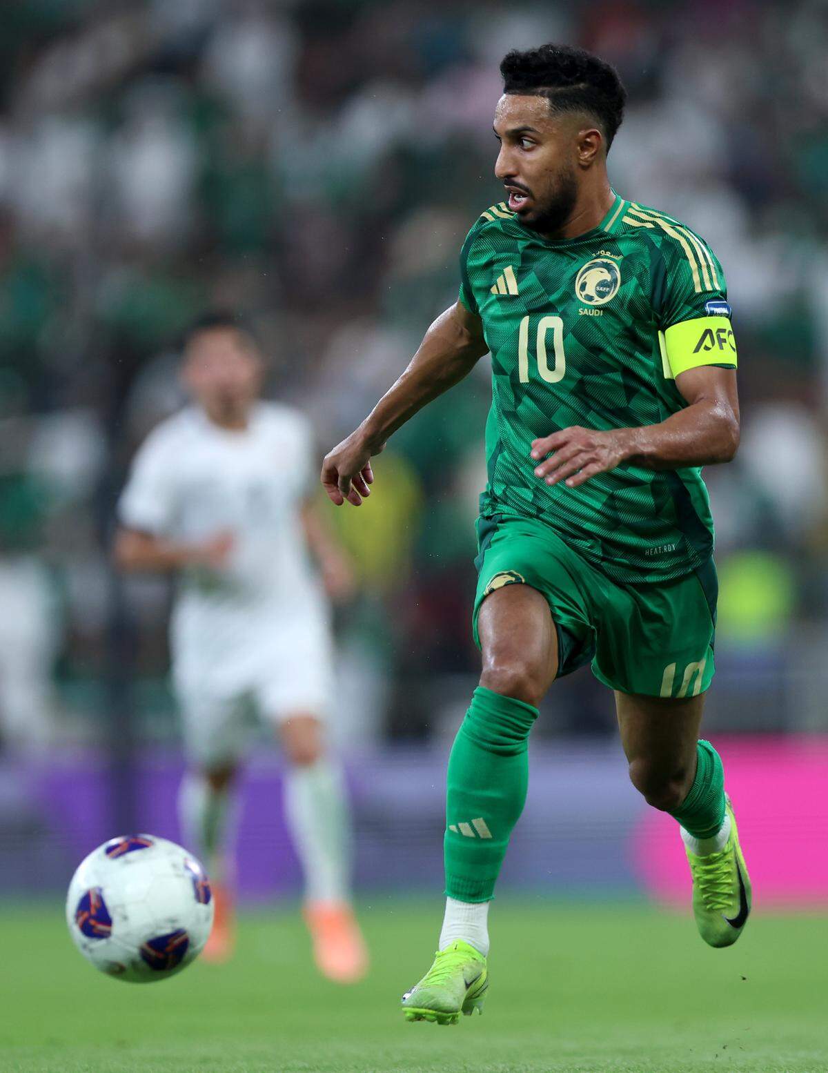 BURAYDAH, SAUDI ARABIA - OCTOBER 14: Salem Aldawsari of Saudi Arabia runs with the ball during the FIFA World Cup 2026 qualifier match between Saudi Arabia and Iraq at King Abdullah Sport City Stadium on October 14, 2025 in Buraydah, Saudi Arabia. (Photo by Yasser Bakhsh/Getty Images)