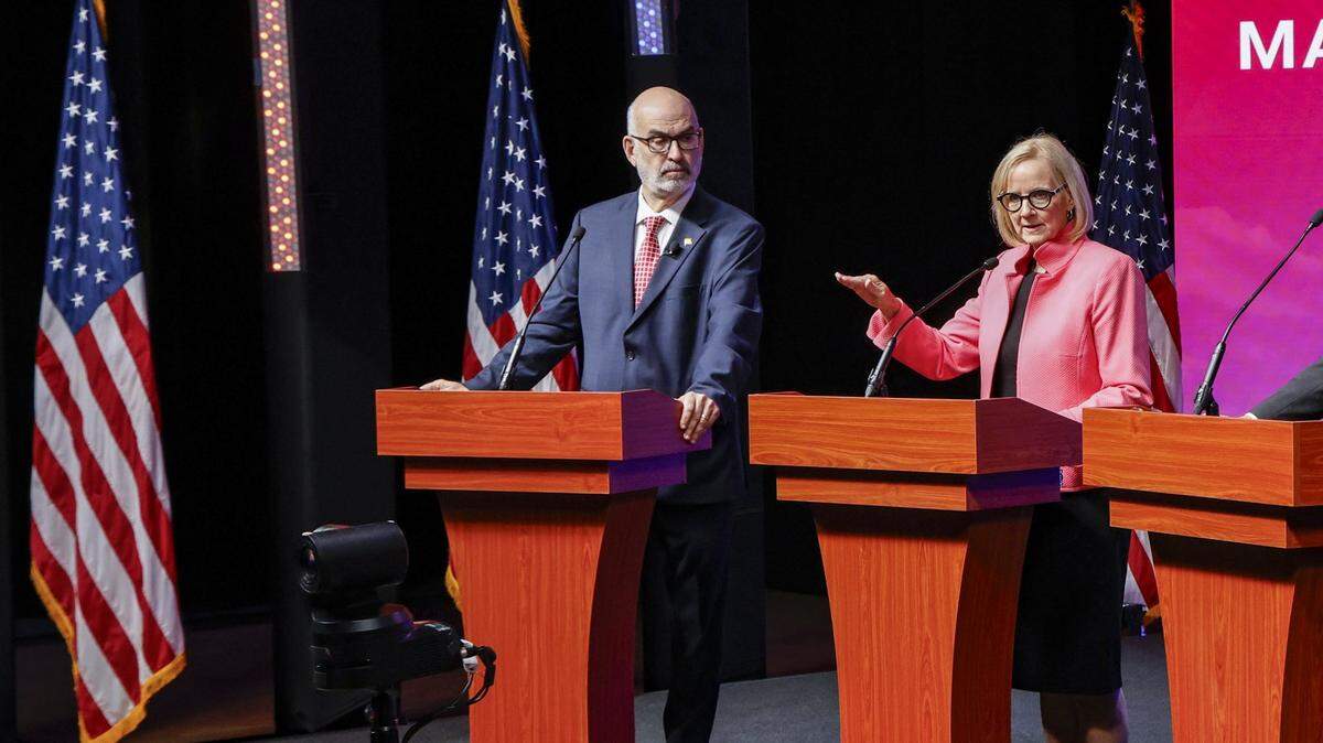 From left, City of Miami mayoral candidates Emilio T. Gonzalez, Eileen Higgins, Ken Russell and Xavier L. Suarez participate in the Miami mayoral debate at the Ziff Ballet Opera House at the Adrienne Arsht Center in Miami, Fla., on Thursday, Oct. 16, 2025.
