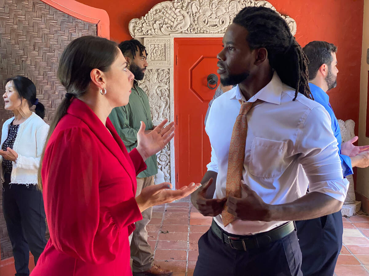 “G7: 2070” at The Kampong (l-r): Gwendolyn Lai, Amanda Ortega, LeoRising, Scott, Jarryd Arden and Michael Ferreiro play delegates to a climate summit in the world premiere of William Hector’s play.