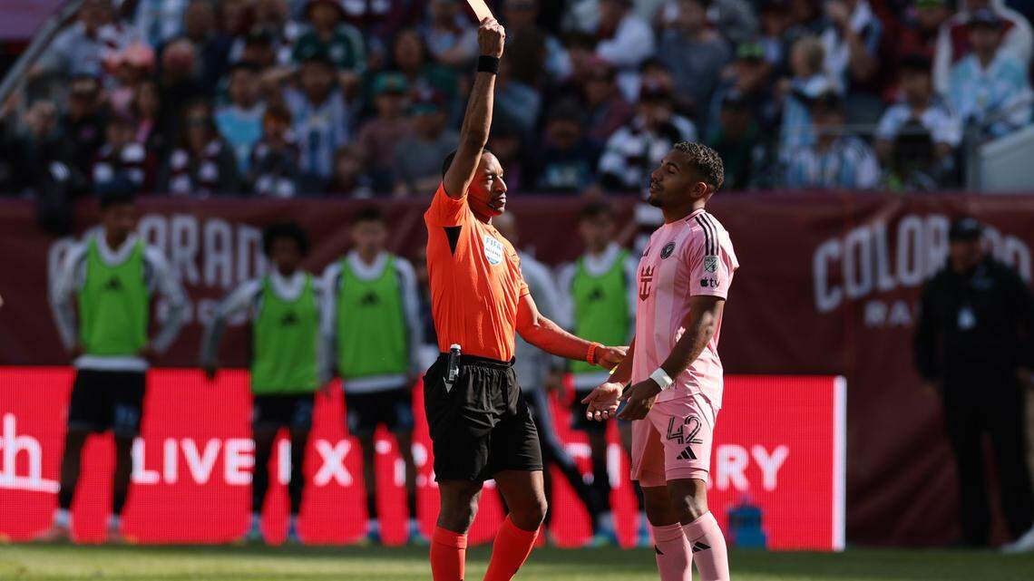 DENVER, COLORADO - APRIL 18: Referee Jon Freemon shows a red card to Yannick Bright #42 of Inter Miami CF during the MLS match between Colorado Rapids and Inter Miami CF at Empower Field At Mile High on April 18, 2026 in Denver, Colorado. (Photo by Andrew Wevers/Getty Images)