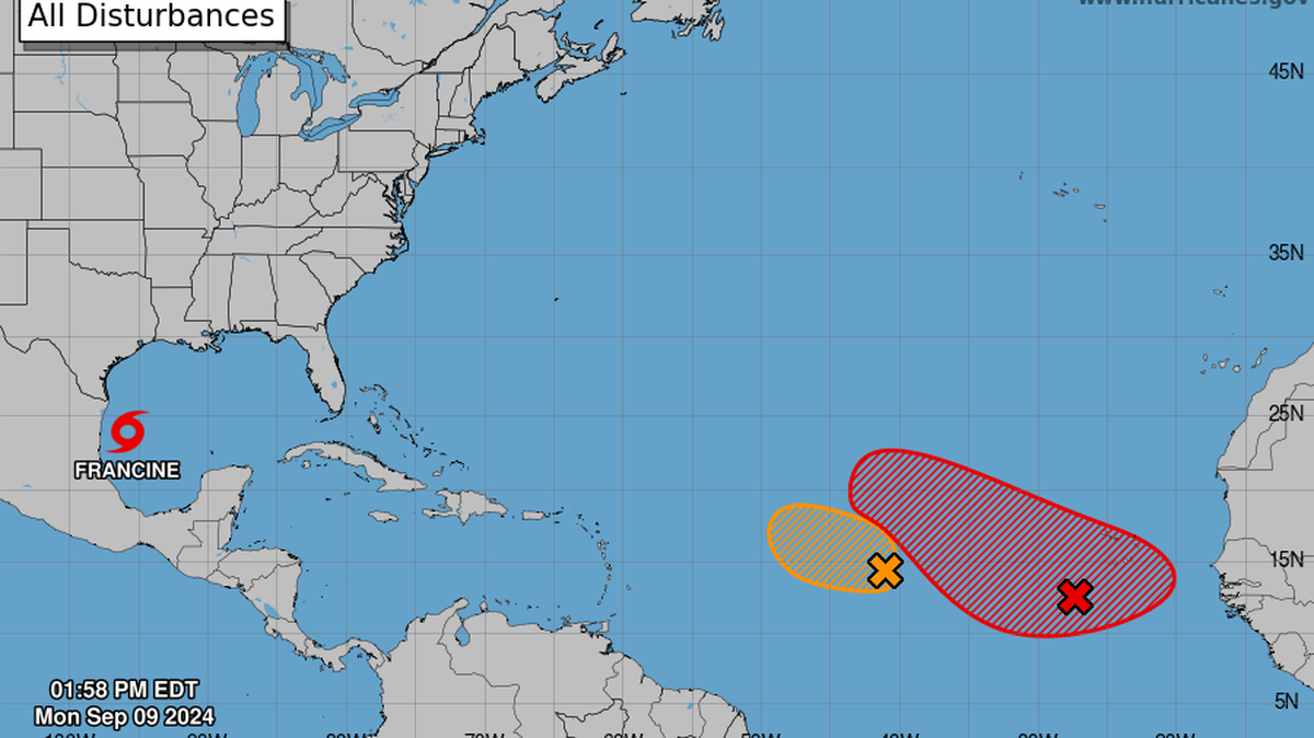 The hurricane center is tracking two disturbances in the Atlantic, one with a medium chance at strengthening this week and another with a high chance.