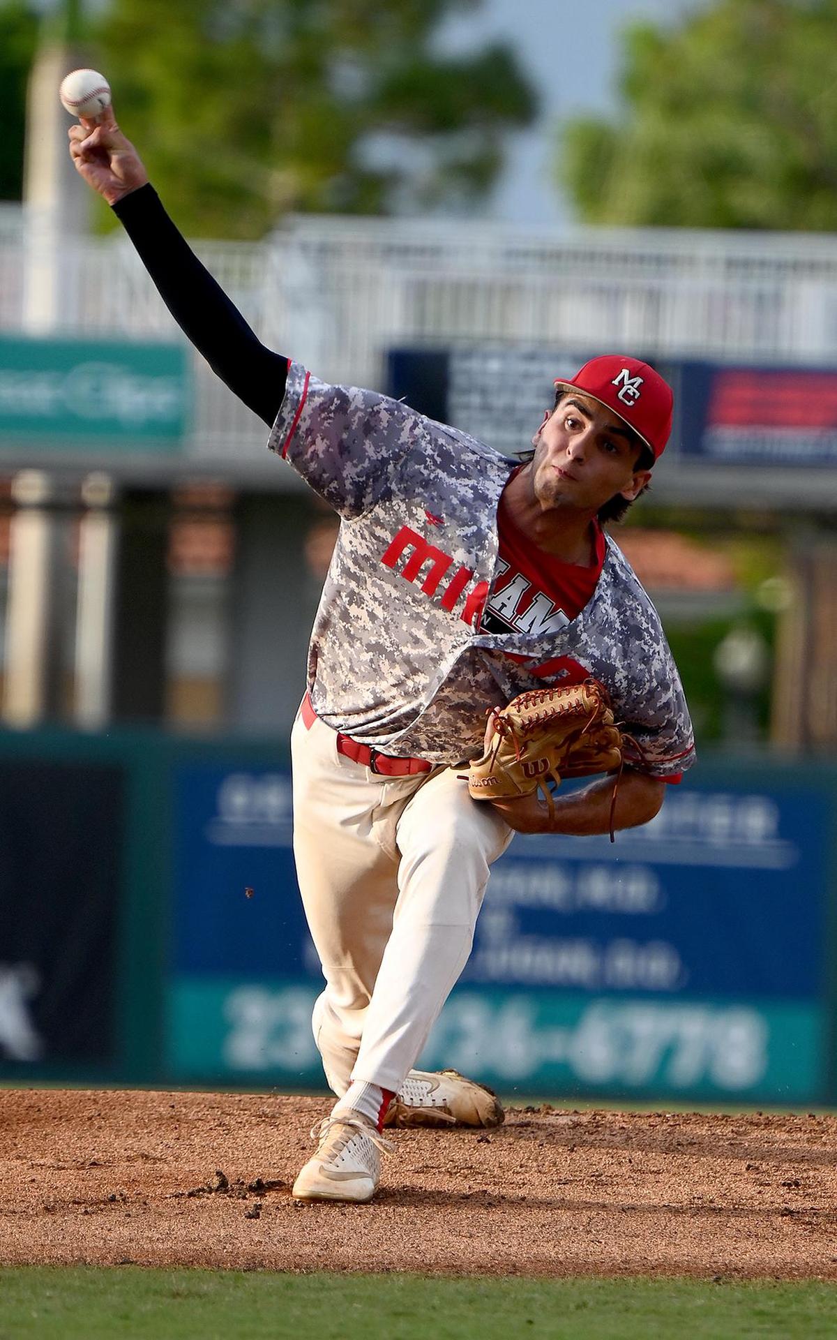 Miami Christian pitcher Henry Martinez (4) on the mound during their game with North Florida Christian in a class 2A baseball championship game in Fort Myers ,Tuesday, May 24, 2022.(Photo/Chris Tilley)
