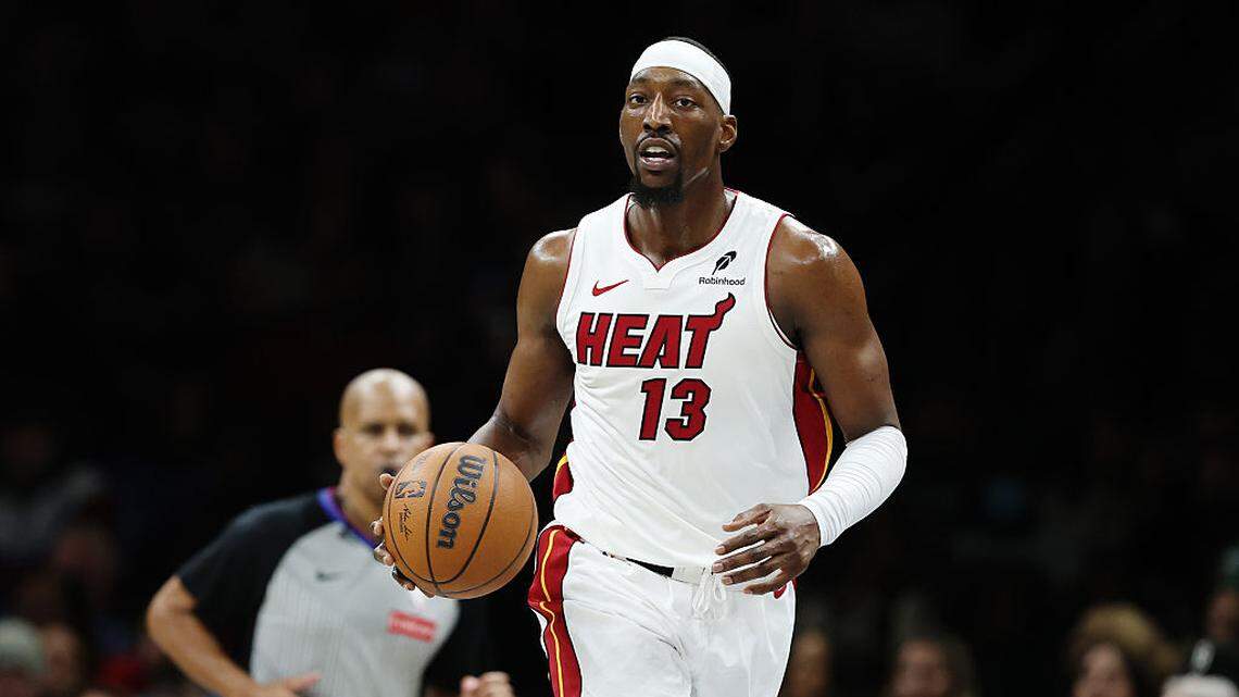 Bam Adebayo #13 of the Miami Heat dribbles during the second half against the Brooklyn Nets at Barclays Center on December 18, 2025 in the Brooklyn borough of New York City.