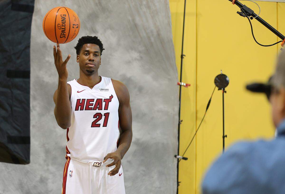 Miami Heat Hassan Whiteside poses for a photographer during media day at the AmericanAirlines Arena in Miami, Fl, Monday, September, 24, 2018.