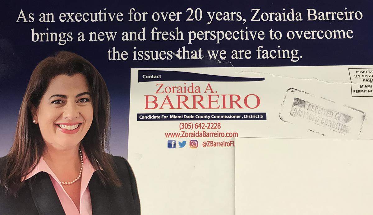 A campaign mailer from Zoraida Barreiro, who is running for the District 5 seat on the Miami-Dade County Commission that her husband, Bruno Barreiro, vacated in March to run for Congress. The special election for District 5 is on May 22, 2018.