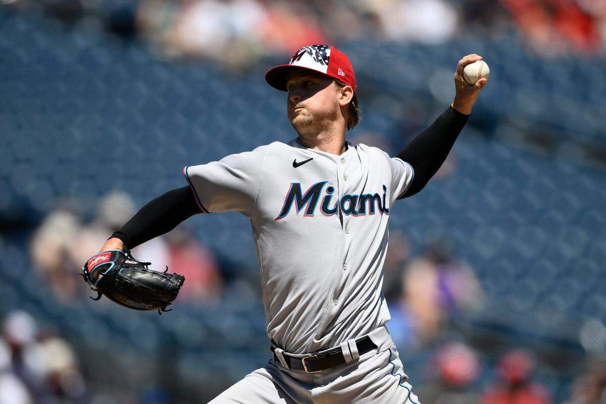 Miami Marlins starting pitcher Braxton Garrett throws during the third inning of a baseball game against the Washington Nationals, Monday, July 4, 2022, in Washington. (AP Photo/Nick Wass)