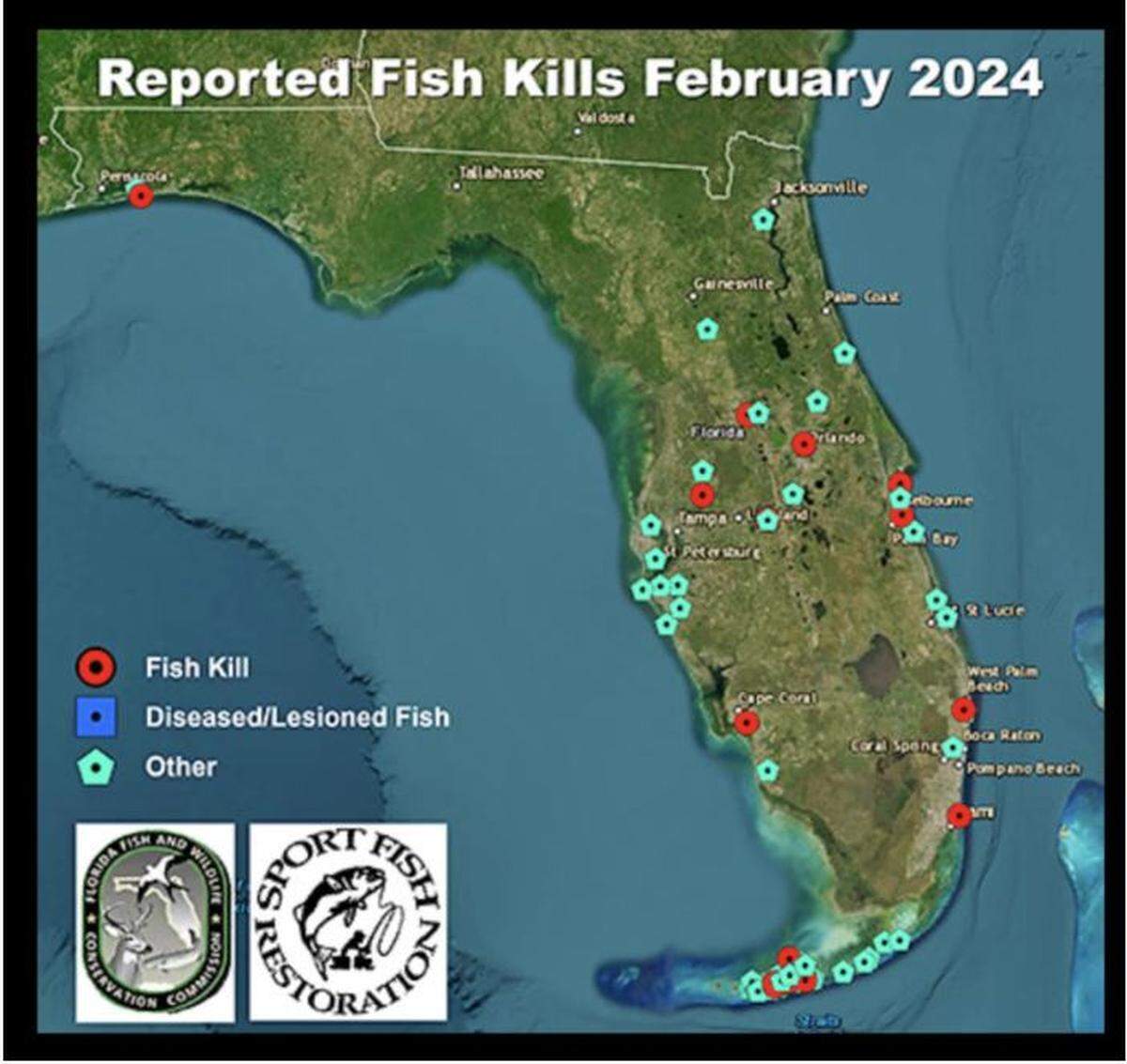 A map of reported fish kills across the state in the month of February.
