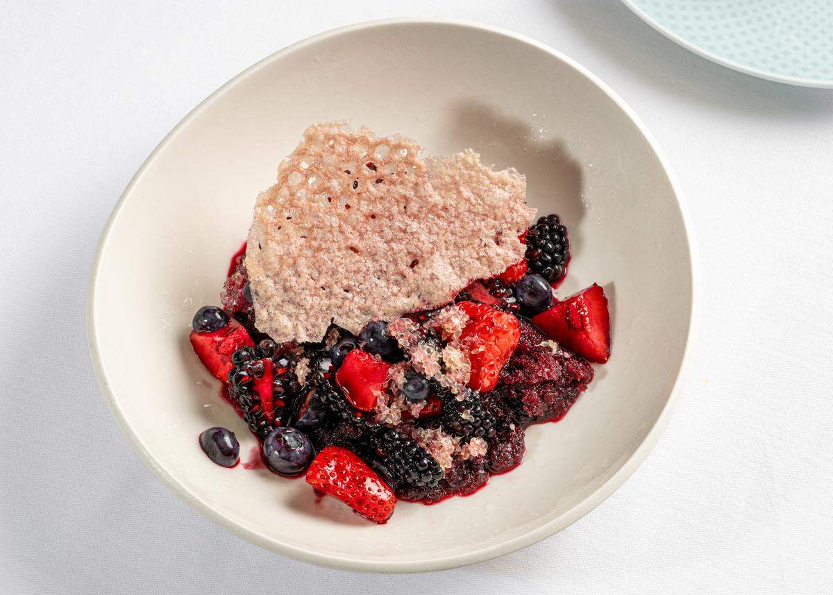 Granita with red fruits, tea and hibiscus — and caviar.