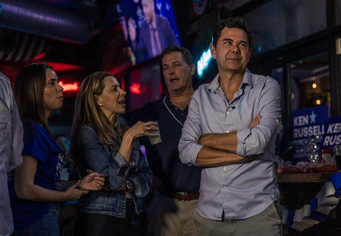 Mayoral candidate Ken Russell reacts as he checks the results of the elections for the City of Miami during his watch party at the Sandbar Sports Grill in Coconut Grove, on Tuesday November 04, 2025.