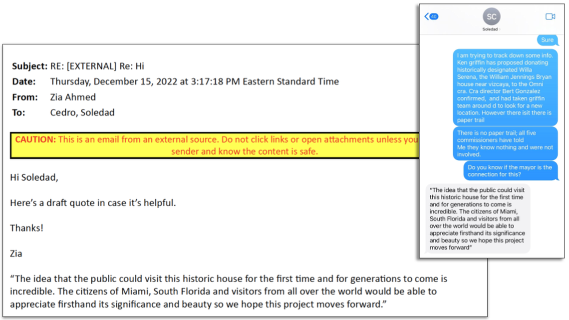 Mayor Francis Suarez’s quote was scripted by Citadel spokesperson Zia Ahmed, who sent the draft to the mayor’s then-communications director, Soledad Cedro, in a Dec. 15, 2022, email (left) after the Miami Herald reached out with questions. Cedro then texted the quote to a reporter as Suarez’s own words (right). 