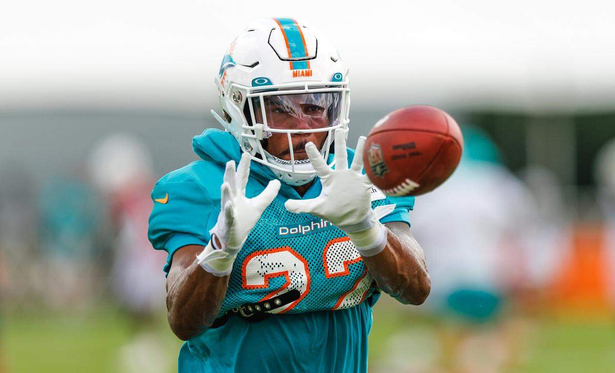 Miami Dolphins defensive back Elijah Campbell (22) participates in a drill during NFL football training camp at Baptist Health Training Complex in Hard Rock Stadium on Tuesday, August 1, 2023 in Miami Gardens, Florida.