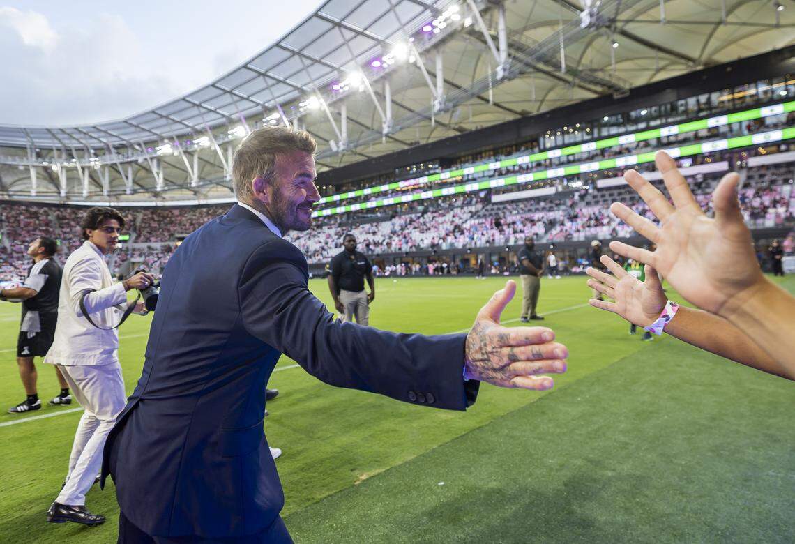 Inter Miami CF co-owner David Beckham greets fans before his team’s MLS game against Austin FC at Nu Stadium in Miami Freedom Park on Saturday, April 4, 2026, in Miami, Fla.