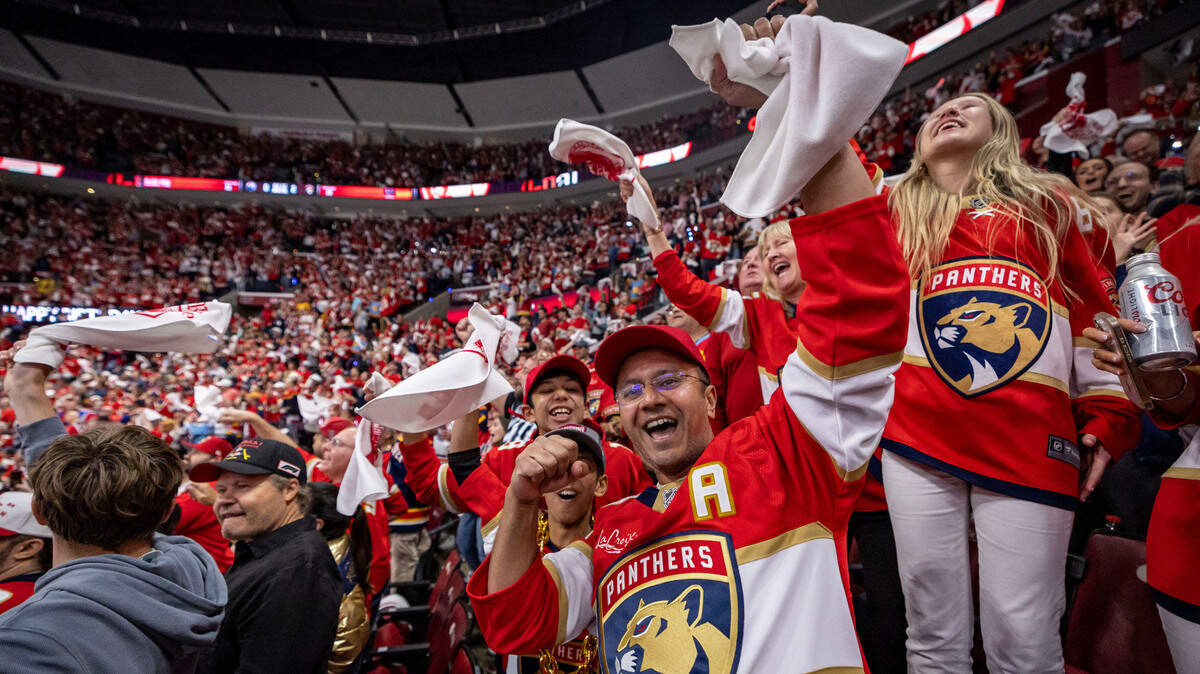 Fans celebrate following the Panther’s second goal during the first period of Game 3 in the NHL Stanley Cup Final series at Amerant Bank Arena on Monday, June 9, 2025, in Sunrise, Fla.