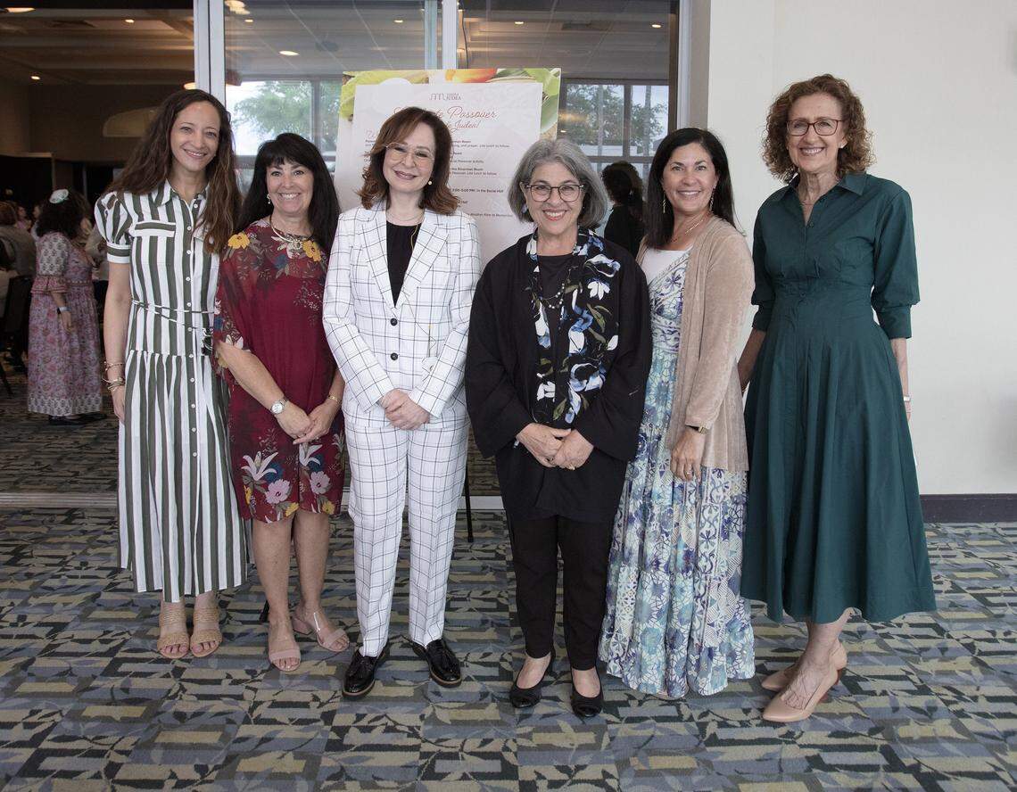(from the left) Sharon Israel Moskovitz, Executive Director of Temple Judea, Melanie Dernis Rosen, event chair, Lisa Segal, Cantor of Temple Judea, Daniella Levine Cava, Mayor of Miami-Dade County, Judith Siegal, Rabbi of Temple Judea and Jan Yelen Sasso, President of Temple Judea pose for the picture during Third Annual South Dade Community Women's Passover Seder on Sunday, March 30, 2026 at Temple Judea in Coral Gables. Andrew Uloza / for Miami Herald