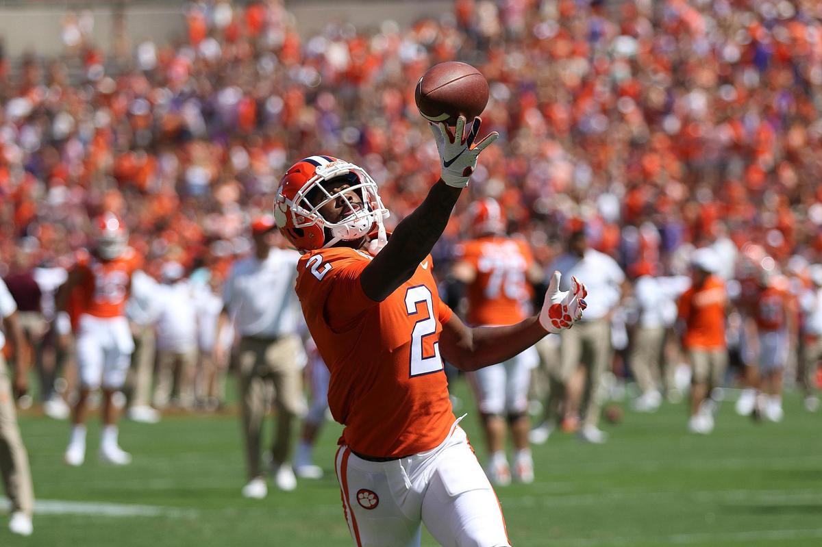 CLEMSON, SC - SEPTEMBER 07: Frank Ladson Jr. (2) wide receiver of Clemson during a college football game between the Texas A&M Aggies and the Clemson Tigers on September 7, 2019, at Clemson Memorial Stadium in Clemson, S.C.