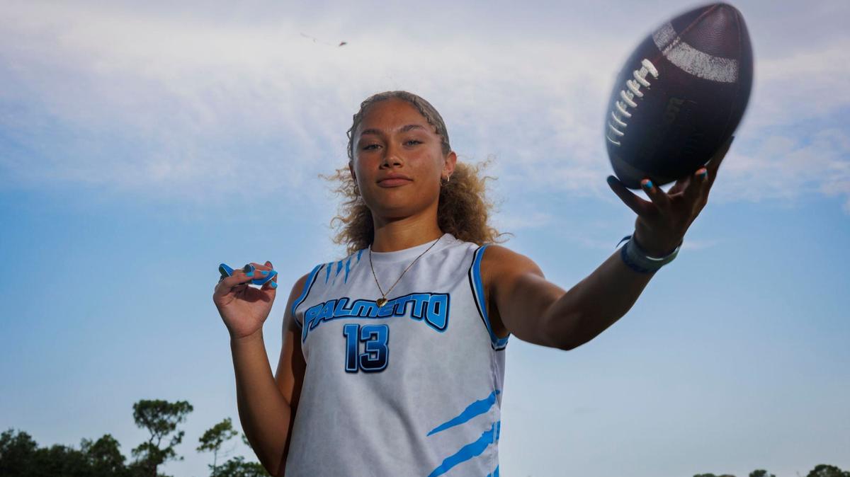 Ava Alvarez, flag football player from Miami Palmetto Senior High School, poses for Dade Players of the Year on Thursday, May 16, 2024, at AD Barnes Park in Miami.