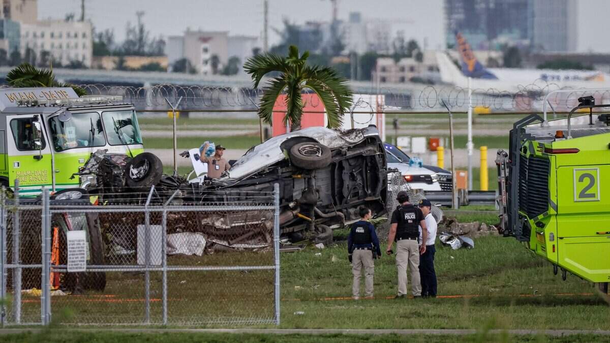 An Amazon Prime Air Boeing 767 crashes off the runway and crushes a vehicle west of Miami International Airport on Sunday, Sept. 6, 2026.