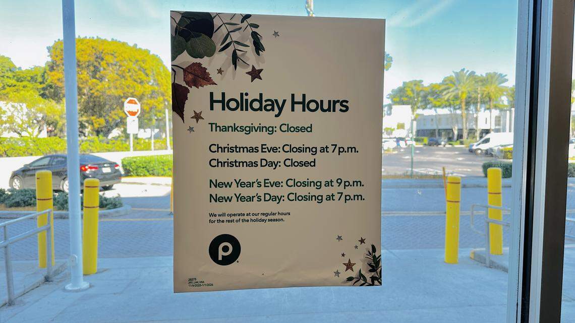 Publix will be open on New Year’s Eve and New Year’s Day on Dec. 31, 2025, and Jan. 1, 2026, but closing times are earlier, as at this Kendall area store at 9041 SW 107th Ave.
