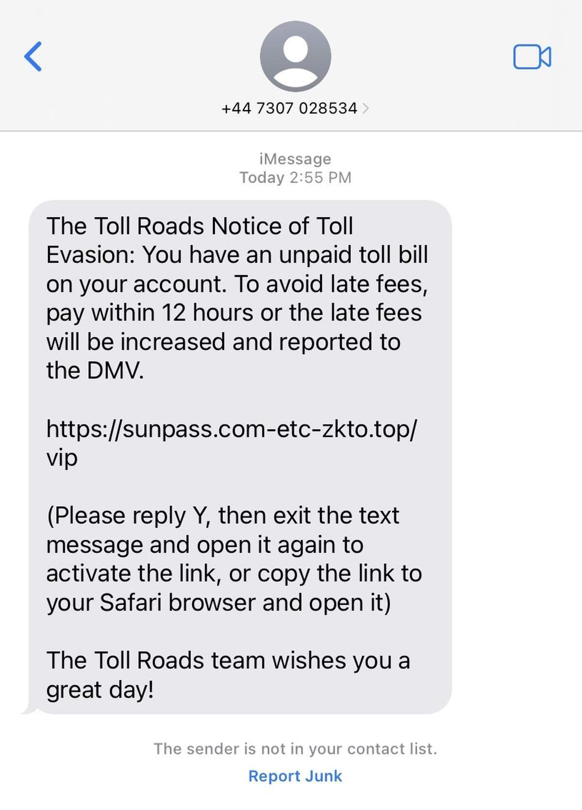 A “smishing” text message that purports to be from SunPass.