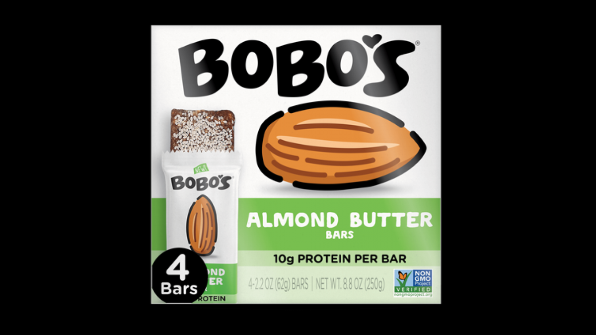 Packaging image for Bobo’s 4-Pack Almond Butter Protein Bars that are sold at Target stores nationwide. Bobo’s initiated a recall because some of the products may contain undeclared peanuts.
