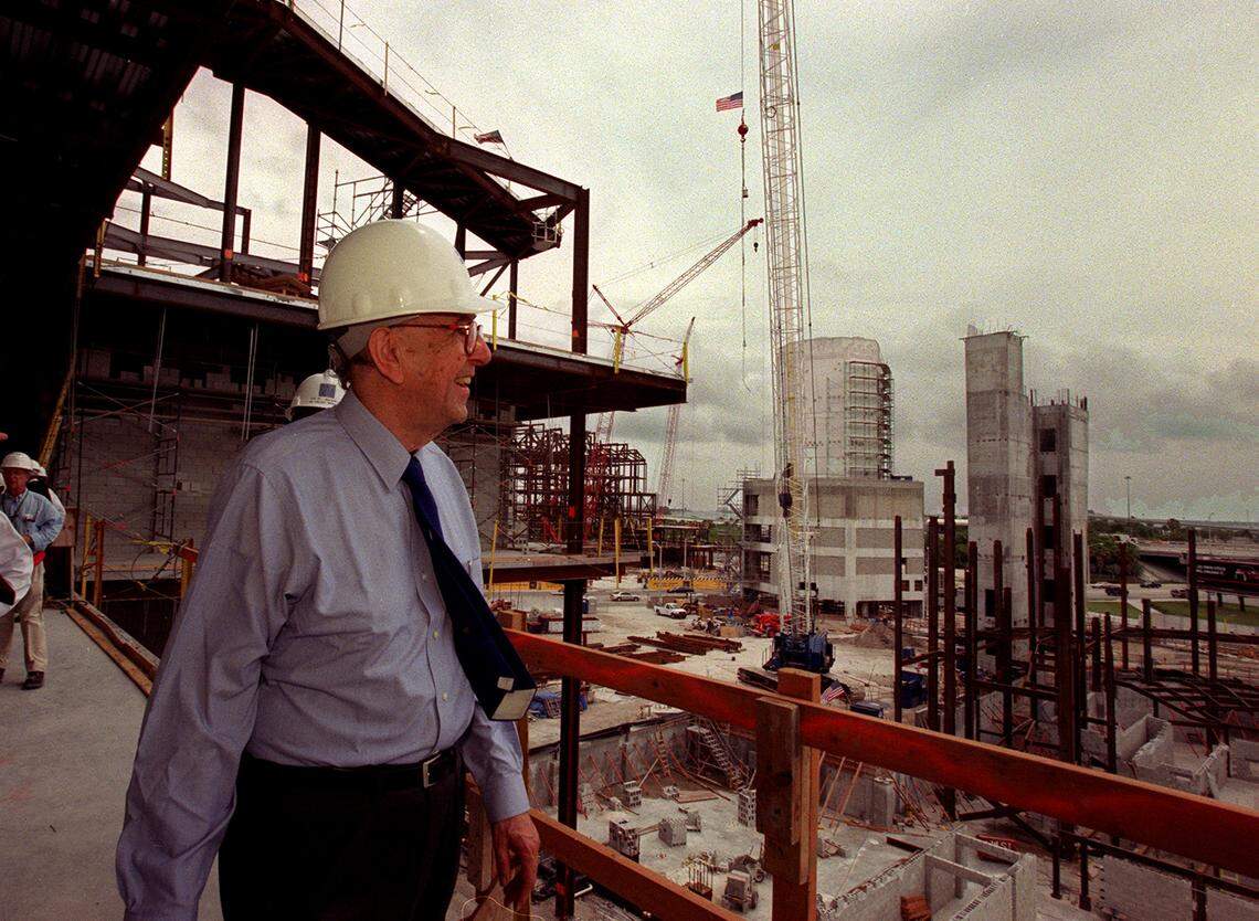 Cesar Pelli, the architect who designed the Adrienne Arsht Center for the Performing Arts, got an overhead view of the construction site during a tour of his creation in this April 9, 2003, file photo.