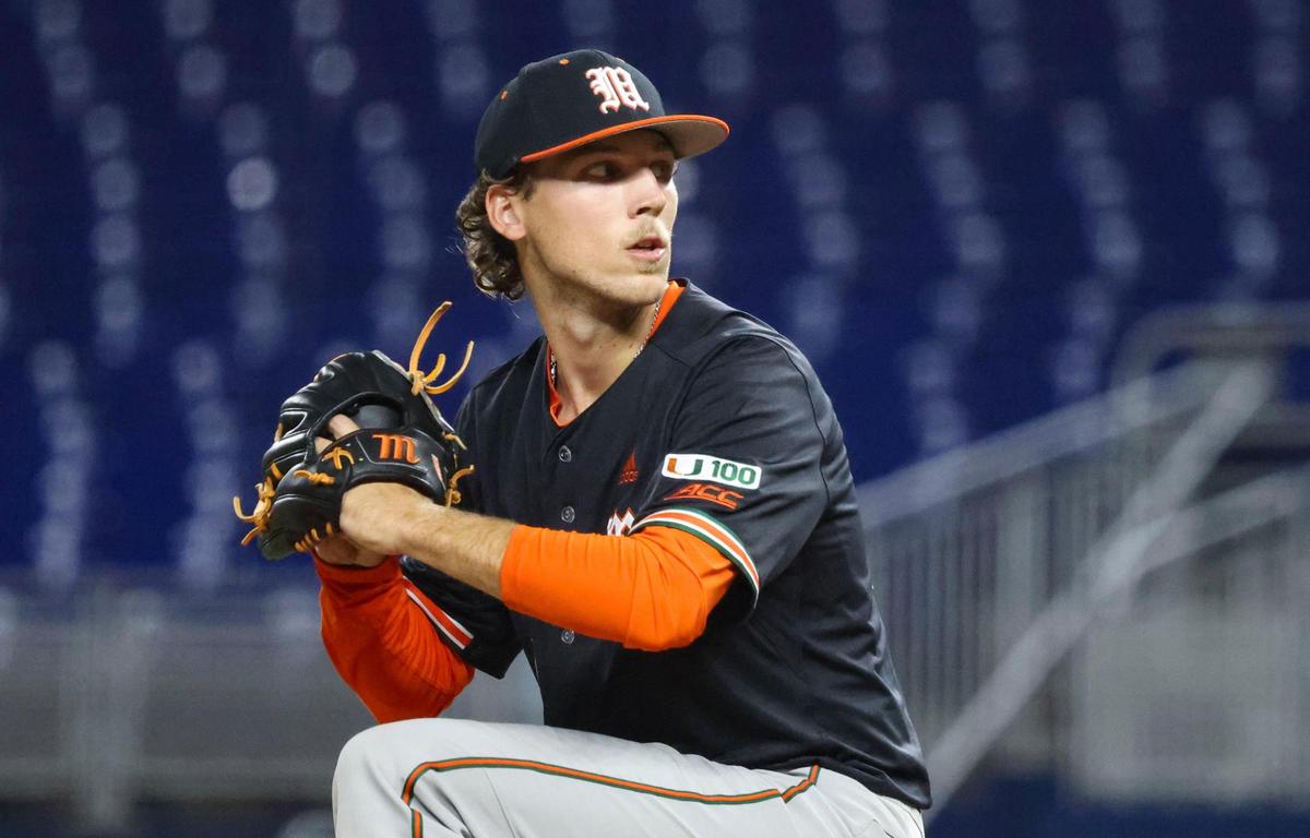 Miami Hurricanes starting pitcher Alex Giroux (41) pitches during the first inning of a game against the FIU Panthers on Tuesday, March 4, 2025, at loanDepot Park in Miami, Fla.