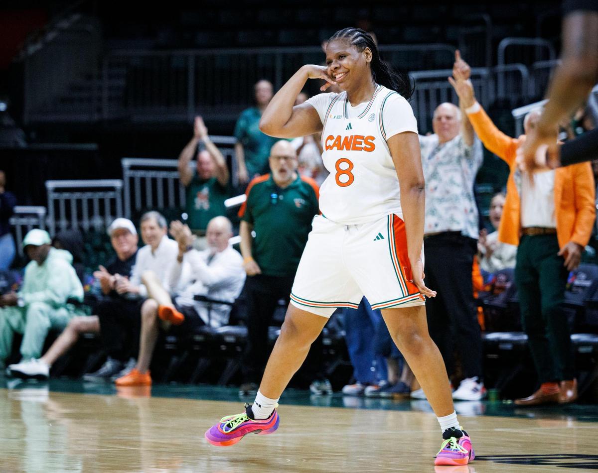 Miami Hurricanes guard Darrione Rogers (8) reacts to scoring a three pointer in the last minute of the game to bring the Hurricanes ahead during the fourth quarter of a basketball game on Sunday, Feb. 23, 2025, at Watsco Center in Coral Gables, Fla. The Hurricanes won 62-20.