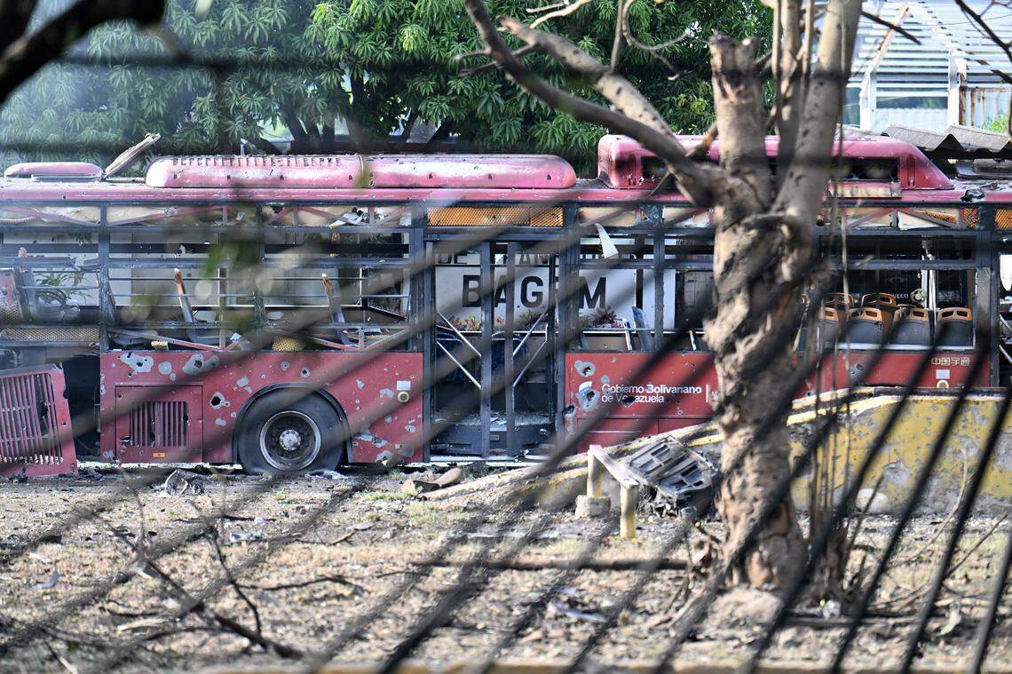 View of a destroyed bus at La Carlota air base in Caracas on January 3, 2026.