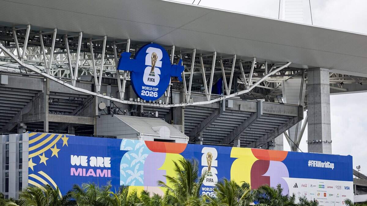 The FIFA World Cup 2026 logo is seen on the Hard Rock Stadium on Tuesday, June 9, 2026, in Miami Gardens, Fla.