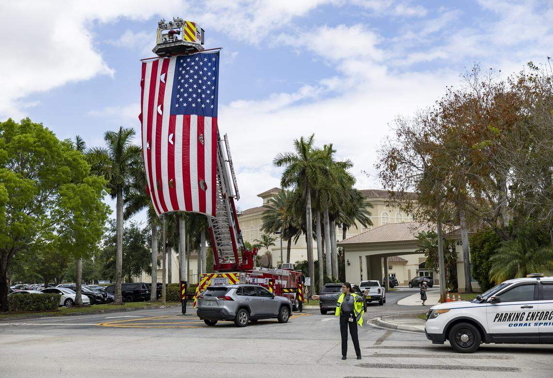 Police direct traffic during funeral service for Coral Springs Vice Mayor Nancy Metayer Bowen at Church By The Glades on Friday, April 17, 2026, in Coral Springs, Fla.