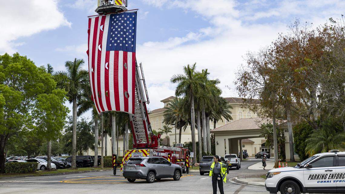 Police direct traffic during funeral service for Coral Springs Vice Mayor Nancy Metayer Bowen at Church By The Glades on Friday, April 17, 2026, in Coral Springs, Fla.