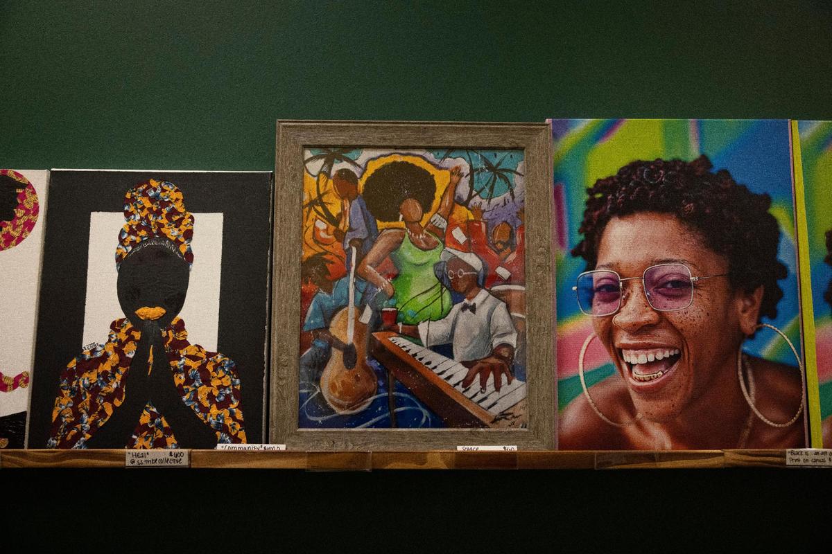 Pieces by local artists are featured in the small gallery in the back of Co-Space, a coworking space in the predominantly Black community of Miami Gardens, on Thursday, Jan. 11, 2024.
