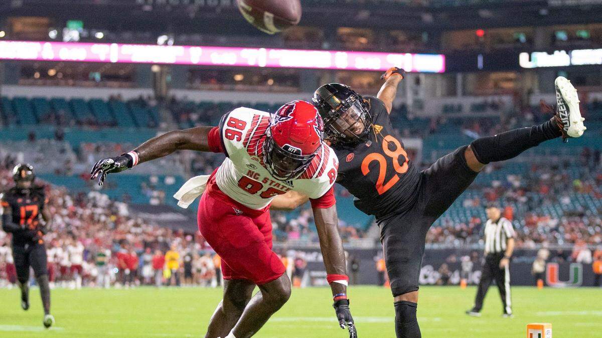 Miami Hurricanes cornerback Marcus Clarke (28) blocks a pass to North Carolina State Wolfpack wide receiver Emeka Emezie (86) in the second quarter at Hard Rock Stadium in Miami Gardens on Saturday, October 23, 2021.