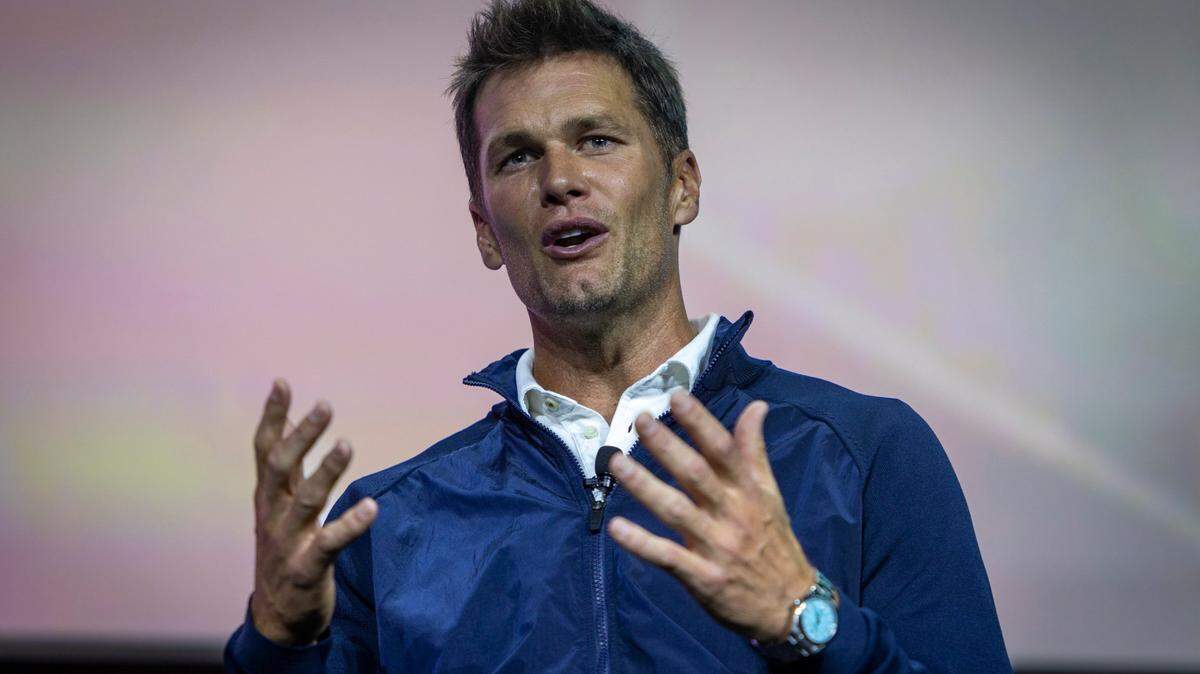 Miami Beach, Florida - April 20, 2023 - Tom Brady delivering keynote remarks at eMerge Americas 2023 in the Miami Beach Convention Center.