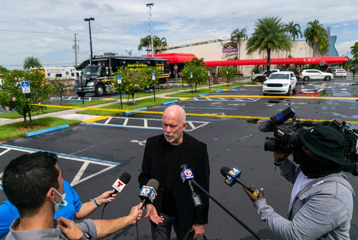 Gary Bitner, spokesperson for the Seminole Classic Casino, talks to the media outside of the casino in Hollywood, Florida on Monday, September 13, 2021. Spokesmen for Hollywood Fire Rescue and the Seminole Tribe said the explosion injured 26 people and happened during the servicing of a fire suppression system.