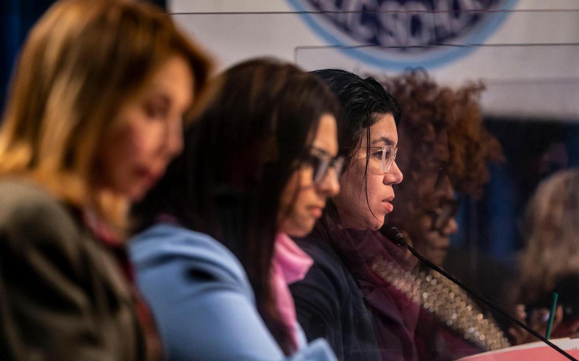 Miami-Dade Public School Board member Lubby Navarro, center-right, who during an April School Board meeting in which a school prayer proclamation was being discussed, said that a Day of Prayer will “send a message to our community that we have one creator, one creator, and that is God and Jesus Christ.” Board member Christi Fraga sits to the left of her.
