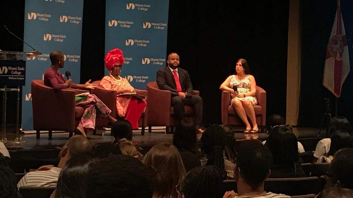 Miami-Dade County School Board candidates Dorothy Bendross-Mindingall (second from left), Brandon Alfred (second from right) and Irene Torroella-Garcia (right) answer questions from moderator Nadege Green (left) at a candidate forum hosted by public education advocacy group P.S. 305 at Miami Dade College’s Wolfson Campus on August 7.