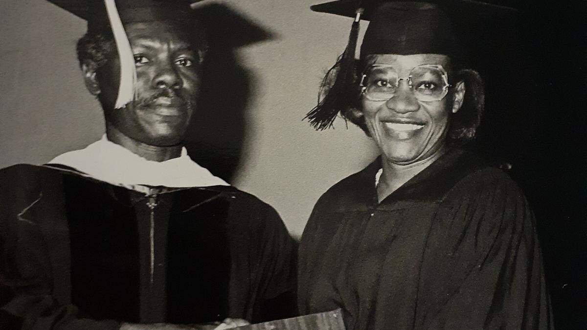 Bea Hines with then-professor Raymond Dunn at Miami Dade Community College, where she gave a commencement speech at her alma mater.