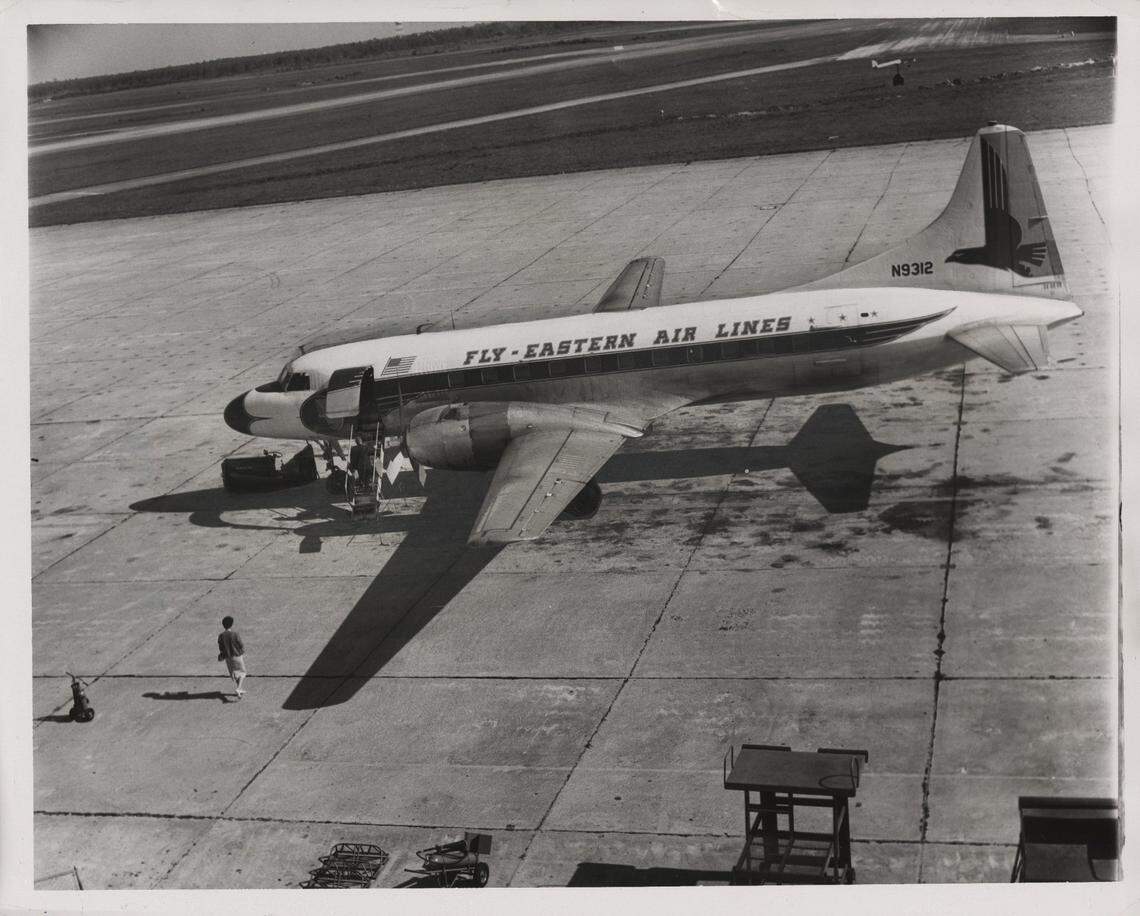 Passengers board a 44-passenger Convair Metropolitan for a morning flight in 1963.